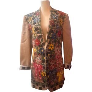 Vintage Hand Painted Art to Wear Blazer, Cat & Floral Design, Medium, Unique